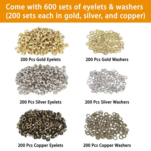 All-In-One Grommet Tool Kit With 1200 Metal Eyelets And Washers In Gold Silver Copper, showing 200 gold, silver, copper sets.