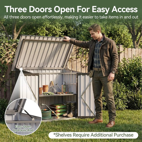 Man opening Heavy Duty 35 Cu Ft Outdoor Storage Box With Hydraulic Lift Lid And Lockable Doors, showcasing interior space.