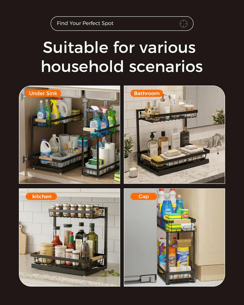 Height Adjustable Two Tier Under Sink Organizer Heavy Duty Storage Rack For Kitchen And Bathroom Cabinets, versatile storage solutions in various settings.