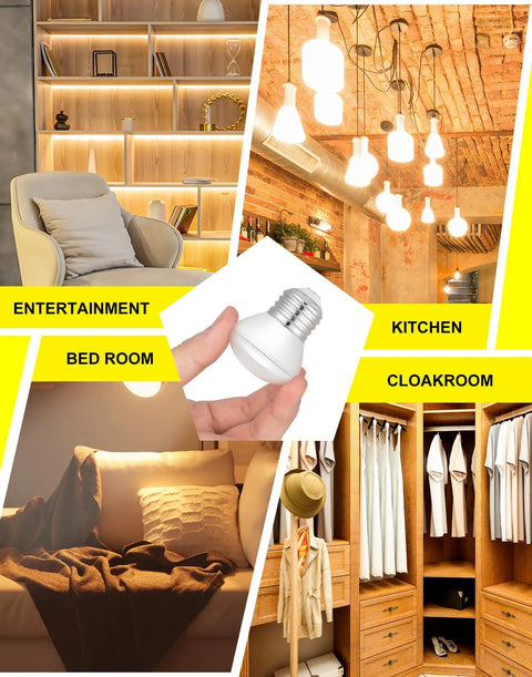 R14 LED Bulb 4W E26 Base Dimmable Warm White 2700K Mini Reflector in home lighting settings and hand-held view
