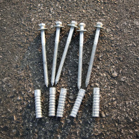 Beefy Heavy Duty Concrete Anchors Hardware Kit with 6 inch lag bolts, screws, lag shields, and washers for outdoor mounting