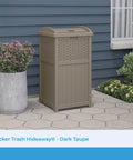 Hideaway Outdoor Trash Can With Lid 30 Gallon Decorative Wicker Style Garbage Bin in Dark Taupe on patio