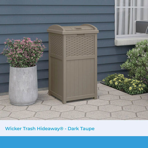 Hideaway Outdoor Trash Can With Lid 30 Gallon Decorative Wicker Style Garbage Bin in Dark Taupe on patio