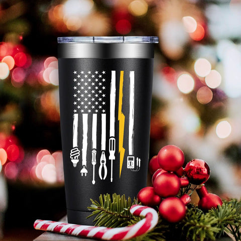20oz Electrician Tumbler Gift For Men with tool design, Christmas setting, ideal for dad, husband, boyfriend, or coworker.