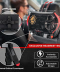 Front view of a black headrest-mounted car IFAK trauma kit with C-A-T tourniquet and MOLLE pouch.
