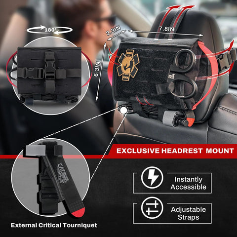 Front view of a black headrest-mounted car IFAK trauma kit with C-A-T tourniquet and MOLLE pouch.