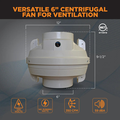 Front view of Centrax 6-Inch Inline Centrifugal Fan For Exhaust And Ventilation, dimensions and features highlighted on diagram.