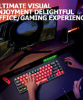 Solid Compact 68 Key Wired Keyboard With Butter Smooth Tactile Keys Dope Rainbow Rgb Backlights Plug And Play Gaming Rig For Pc Mac Ps4 Ps5 Travel Office Typing Red Black on a desk with a person gaming.