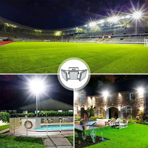 Led Outdoor Flood Light 150W 13500Lm With 330 Degree Coverage, illuminating stadium, parking lot, and house exterior at night.