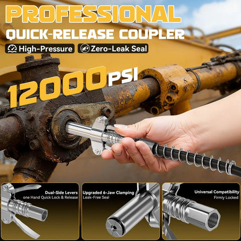 High Pressure Pro Grade Grease Gun Coupler Kit With 12000 PSI Quick Release 90 Degree Adapter in use on machinery