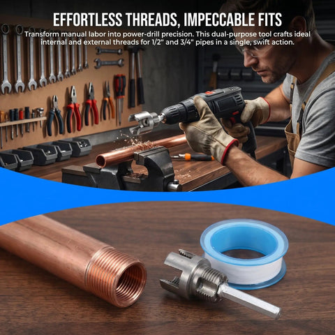 Dual Function External Pipe Threading Tool For PVC And Stainless Steel Pipes, One Half Inch And Three Quarter Inch Threader, Includes Seal Tape, Stable Cutting For DIY Home Plumbing Renovation And Construction Sites, Electric Drill Compatible on copper pipe
