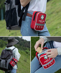 SuccorWare red first aid kit pouch with white cross, attached to backpack for outdoor use.