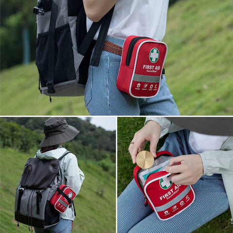 SuccorWare red first aid kit pouch with white cross, attached to backpack for outdoor use.