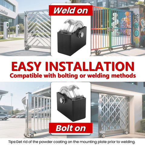 4 Inch V Groove Slide Gate Wheel With Dual Sealed Bearings Supports Up To 3000 Lbs Weld On Bracket Box shown with gates