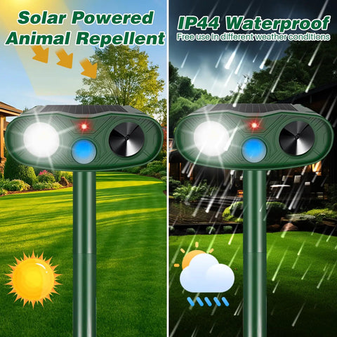 Solar Powered Ultrasonic Pest Deterrent For Your Yard And Garden, Motion Sensor Outdoor Light That Fends Off Raccoons, Squirrels, Rabbits, Cats, Dogs And Skunks, IP65 Weatherproof Animal Repeller mounted outdoors in sun and rain