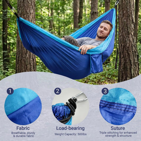 Person relaxing in Ultra Lightweight Parachute Nylon Hammock With Tree Straps For Camping Backpacking Hiking Or Beach Adventures