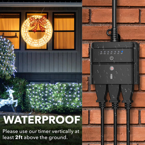 Outdoor Timer Outlet With Dusk To Dawn Sensor And Remote Control 100 Foot Range Waterproof 3 Grounded Outlets 15A ETL Listed