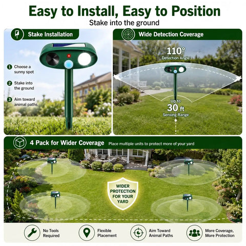 Solar Outdoor Animal Repeller 4 Pack Deer Squirrel Raccoon Cat Deterrent For Gardens And Lawns Keeps Rabbits Skunks Foxes Out Of Veg Patch Flower Beds And Yards, stake installed