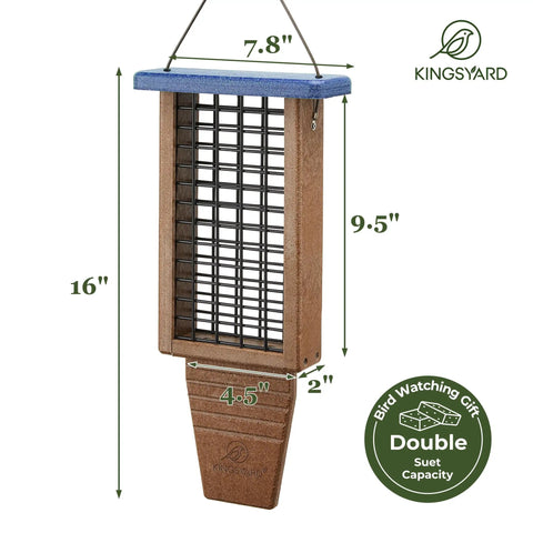 Double Capacity Tail Prop Suet Bird Feeder For Outdoor Hanging Made From Recycled Plastic Sturdy And Durable With Two Sided Wire Mesh Perfect For Woodpeckers And Clinging Birds Blue, dimensions shown.