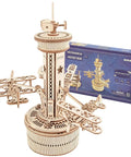 3D Wooden Puzzle Mechanical Music Box Aircraft Model Kit For DIY Builders, with aircraft orbiting wooden tower display