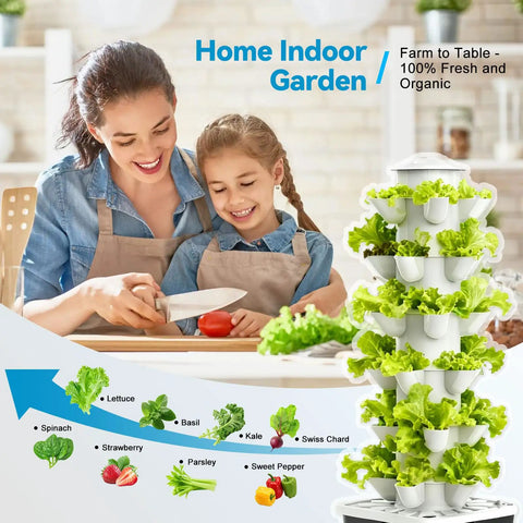 Mother and daughter using Space Saving Vertical Hydroponic Garden Tower With 5000K Full Spectrum Grow Lights And Dual Timers.