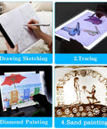 Diamond Painting Light Pad Kit A4 With LED Tracing Box And 5D Tool Set showing drawing, tracing, diamond painting, sand painting.