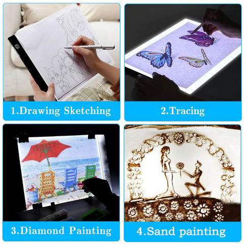 Diamond Painting Light Pad Kit A4 With LED Tracing Box And 5D Tool Set showing drawing, tracing, diamond painting, sand painting.