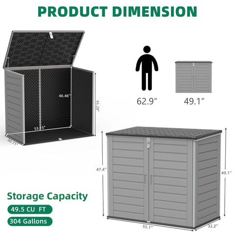Outdoor Horizontal Trash Can Storage Shed For Large Cans 304 Gallon Resin With Lockable Doors And Lift Lid waterproof dimensions