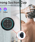 Man using Upgraded Pro Shower Speaker With IPX7 Waterproof Bluetooth Suction Cup Mount Silicone Lanyard 8W Crystal Sound And Rich Bass That Slaps 15 Hours Playtime Compact Waterproof Speaker Perfect Gift For Any Shower Or Spa in shower.