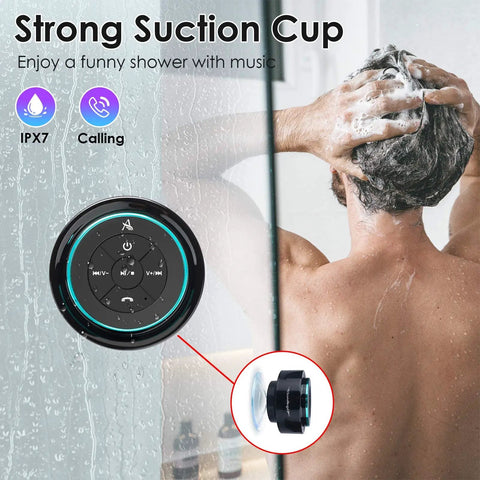 Man using Upgraded Pro Shower Speaker With IPX7 Waterproof Bluetooth Suction Cup Mount Silicone Lanyard 8W Crystal Sound And Rich Bass That Slaps 15 Hours Playtime Compact Waterproof Speaker Perfect Gift For Any Shower Or Spa in shower.
