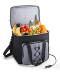 Portable Electric Cooler Bag And Thermoelectric Travel Fridge With 18 Liter Soft Sided Build DC 12 Volt Car Plug Case For Chill Vibes And Tailgate Adventures filled with drinks and fruits.