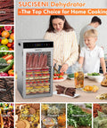 Commercial Grade Food Dehydrator With Eighteen Slick Stainless Steel Trays Dual Airflow Fans Easy Clean Glass Door Twenty Four Hour Timer used for making jerky and snacks in a kitchen setting.