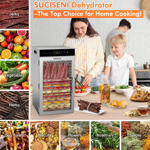 Commercial Grade Food Dehydrator With Eighteen Slick Stainless Steel Trays Dual Airflow Fans Easy Clean Glass Door Twenty Four Hour Timer used for making jerky and snacks in a kitchen setting.