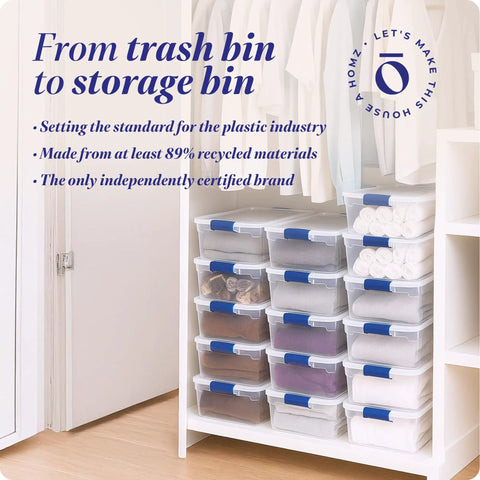 Super Sturdy Clear Under Bed Storage Bins With No Sweat Snap Lids 15.5 Quart Heavy Duty Plastic Organizers 16 Pack in closet