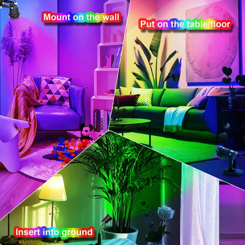 Indoor RGBW Spotlight Set 2 Pack Dope With Remote 5W Uplights In 16 Colors showing usage in different home settings.