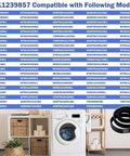 Washer drive belt replacement with compatibility chart grid and coiled belt beside a front-load washing machine
