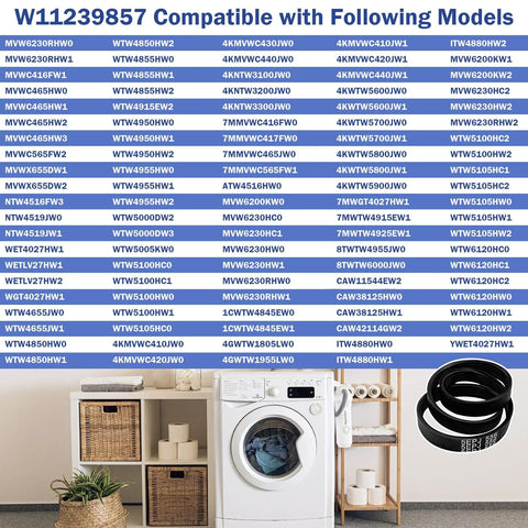 Washer drive belt replacement with compatibility chart grid and coiled belt beside a front-load washing machine