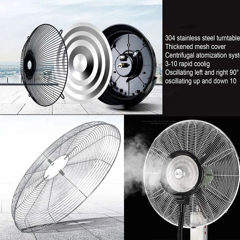 Workhorse Industrial Misting Fan With 42L Water Tank And Large Stainless Blades for high-velocity oscillation and cooling details.