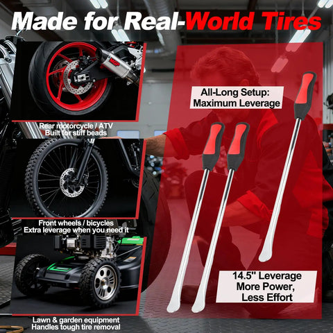 Beefy 38 Piece Tire Spoons Tool Set For Motorcycles Dirt Bikes And Lawn Mowers with 14.5 Inch Tire Irons and Red Handles
