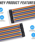 Close-up view of colorful DuPont wire kit detailing pitch and materials for Arduino Raspberry Pi projects.