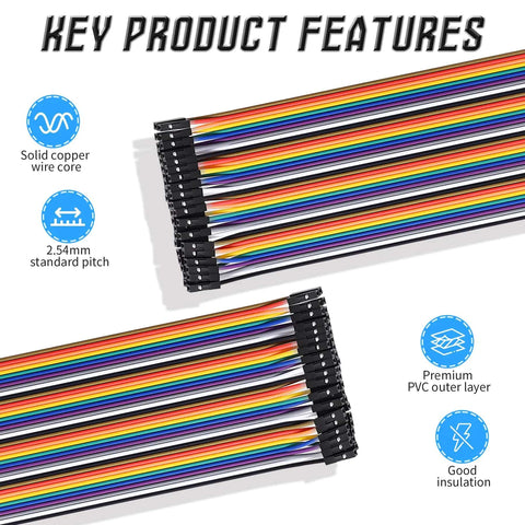 Close-up view of colorful DuPont wire kit detailing pitch and materials for Arduino Raspberry Pi projects.