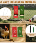 Heavy Duty Metal Chicken Feeder And Oyster Shell Dispenser installation methods, zip ties and screws, ideal for poultry coops.