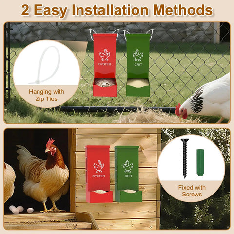 Heavy Duty Metal Chicken Feeder And Oyster Shell Dispenser installation methods, zip ties and screws, ideal for poultry coops.