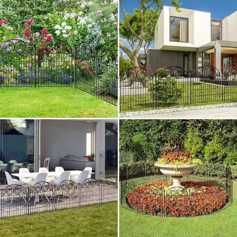 Tall Dog Fence With Gate, 40 Inch High Garden Boundary Fences, 12 Panels Spanning 26.2 Feet, Metal Temporary Yard Enclosure For Pets shown installed in garden settings