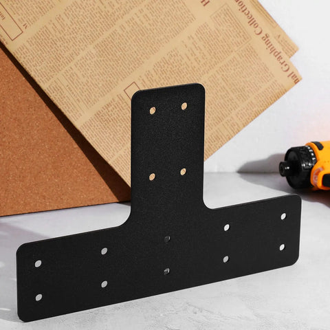 Heavy Duty T Shape Post To Beam Bracket For Wood Fence Repair And Pergola Framing Comes With 56 Screws And Sockets Black Four Pack on white surface.