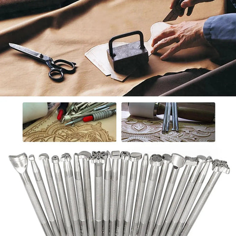 Pro Grade 20 Piece Leather Stamping Tool Set With Unique Shapes And Patterns For Carving And Crafting Leather Work Stainless Steel Durable For Beginners To Pros displayed with various tools and leather in the background.
