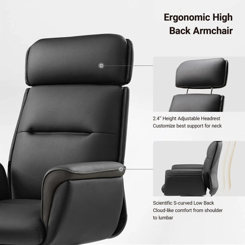 Ergonomic Office Chair For Home Office High Back Desk Chair With Lumbar Support shown with adjustable headrest and microfiber leather