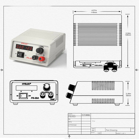 Adjustable DC Power Supply With Dual LCD Display Dope Benchtop Power Supply Regulated 3V To 12V Outputs PS-28A design dimensions