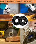 Universal Angle Grinder Wrench And Nut Kit 5 Pcs Set For Quick Nut Removal And Disc Replacement Fits 4.5 5 And 7 Inch Grinders DeWalt Milwaukee Makita Ryobi Bosch shown with grinders and flange lock nuts.