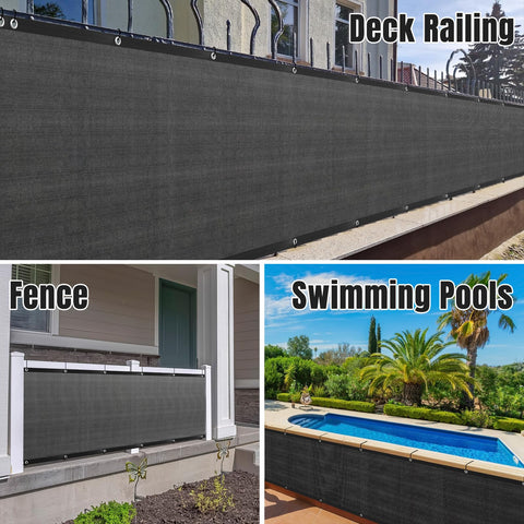 Privacy Fence Screen 3 Feet By 50 Feet Heavy Duty HDPE Mesh Shade Cover installed on deck, yard fence, and poolside